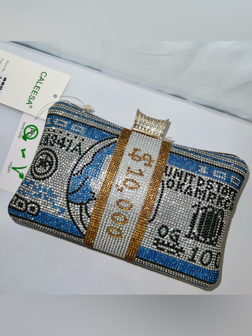 Blue & Silver Rhinestone Crystal Money Stack Clutch Purse with Gold Chain